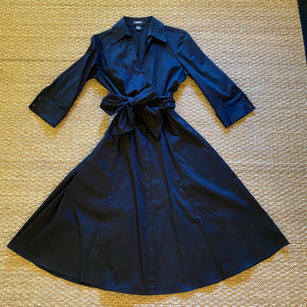 Black sateen wrap shirtdress by Kenneth Cole